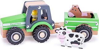 New Classic Toys - Wooden Tractor with Detachable Trailer and Animals - Wooden Toys for Childs Farm Game - Farm Toys, Toy Tractor, Farm Animals, Toy Farm, Wooden Vehicles - Set of 4 Pcs