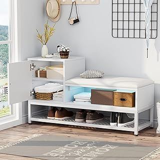 Shoe Bench, Entryway Bench with Padded Cushion and Cabinet, Modern Shoe Rack, Shoe Storage Bench Organizer for Hallway, Bedroom, Living Room, White