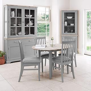 Florence round grey extending table and 4 upholstered chairs. Quality table and chair set with hidden centre extension leaf.