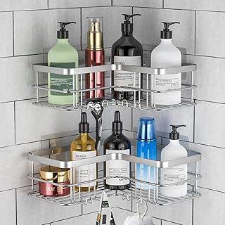 Yazoni Corner Shower Caddy, Adhesive Shower Organizer Corner, Bathroom Shelves Shampoo Holder with Hooks, Rust-proof Stainless Steel (Silver)