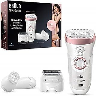 Braun Silk-�pil 9 Epilator Hair Removal, Includes Facial Cleansing Brush High Frequency Massage Cap Shaver and Trimmer Head, Cordless, Wet & Dry, 100% Waterproof, UK 2 Pin Plug, 9-880, White/Pink