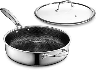 HexClad Hybrid Nonstick 3.3-Litre Deep Sauté Pan with Tempered Glass Lid, Stay-Cool Handle, Dishwasher-Friendly, Oven-Safe Up to 480°C, Induction Ready, Compatible with All Cooktops