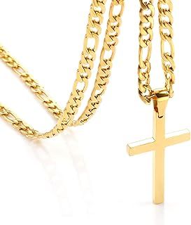 OUMI Cross Necklace for Men Women- Stainless Steel Pendant with 3:1 Figaro Chain -Silver 4/5/6 mm Width