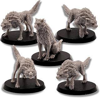 Fantasy Wolves Miniatures Set 28mm Scale – Unpainted Tabletop DND RPG Animal Figures – Paintable Plastic Miniatures for Collectors and Gamers