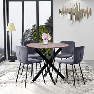 GOLDFAN Solid Wooden Dining Table and 4 Chairs Set Round Kitchen Home Table with Cord Dining Chairs Dining Room Furniture,100CM/Grey