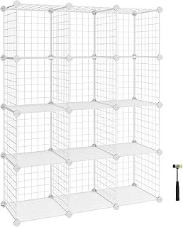 SONGMICS 12-Cube Wire Grid Storage Rack, Interlocking Shelving Unit with Metal Mesh Shelves and PP Plastic Sheets, for Books Shoes Clothes Tools, in Living Room Bathroom, White LPI34W