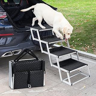 Uross Foldable Folding Dog Steps for Car 4 Steps - Collapsible Dog Sairs Ramp for Car and SUV, Aluminum Dog Ramp Stairs for Large Dogs,Telescoping Pet Step Stair Ladder for Truck