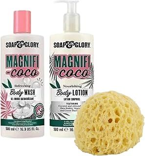 Soap and Glory Magnificoco Shower Gel Body Wash 500ml and Body Lotion Pump 500ml Bundle with Rainbow Gifts Bath Sponge Set