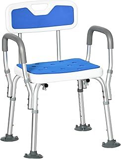 HOMCOM EVA Padded Shower Chair for the Elderly and Disabled, Height Adjustable Shower Stool with Back and Arms, 4 Suction Foot Pads, Blue