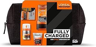 L'Oreal Men Expert Gift Set for Men, Hydra Energetic Fully Charged Washbag: Shower Gel, Moisturiser for Men, Sheet Face Mask and Face Wash