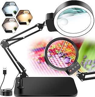 NZQXJXZ 10X 30X Large Magnifying Glass with Light and Stand, LED Lighted Magnifier lamp, 3 Colour Modes Stepless Dimmable, Hands-Free Magnifying Glass Desk Lamp for Close Work, Reading, Craft, Hobby