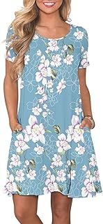 AUSELILY Women's Summer Dresses Casual T-Shirt Short Sleeve Dress Loose Swing Short Dress with Pockets