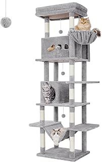 Hzuaneri Cat Tree, 210 cm Large Tall Cat Tower for Indoor Cats, Multi-Level Cats House with Condo, 8 Scratching Posts, Hammock, 4 Pom Poms, Light Grey MS21018LG
