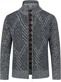 Mens Knitted Cardigan Thick Sweater Full Zip Stand Collar Warm Jumper Fleece Lined Winter Coat