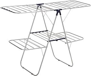 SONGMICS 2-Level Clothes Airer, Stainless Steel Drying Rack, Laundry Rack with Height-Adjustable Wings, Free-Standing, for Socks, Bed Linen, Clothing, Foldable, Stable, Blue LLR53BU, 156 x 61 x 113 cm