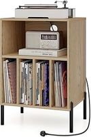 COSTWAY Record Player Stand with Charging Station, Turntable Stand End Side Table with 5 Shelves for 150 Albums, Metal Legs Vinyl Record Storage Cabinet Holder for Living Room Bedroom (Natural)