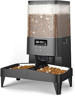 5L Automatic Pet Feeder, Automatic Cat Feeder with Timer, Up to 6 Meals per Day with 2 Detachable Cat Bowls, Battery/Plug-in Power, 10s Voice Recording