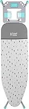 Russell Hobbs LA083234AQUA2FEU7 Collapsible Ironing Board – Foldable Ironing Table, Thick Felt Underlay with Stylish Cotton Cover, 7 Height Positions, Large Iron Rest with Hanger Holes, Non-Slip Feet
