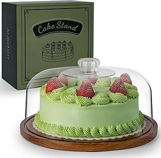 Cake Stand with Dome Lid, Acacia Wood Cake Plate with Cover, Wooden Cake Display Stand with Acrylic Dome ( Flat )