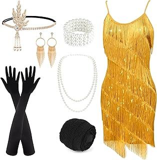PLULON Women's 1920s Gatsby Sequin Fringed Vintage Flapper Dress Cocktail Party Dress with 20s Accessories Costume Set for Evening Prom