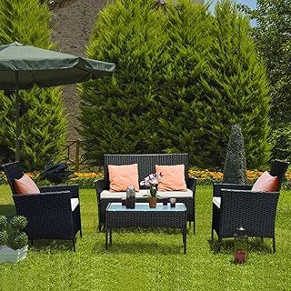 bigzzia Rattan Garden Furniture Set, 4 piece Patio Rattan furniture sofa Weaving Wicker includes 2 Armchairs,1 Double seat Sofa and 1 table (Black)
