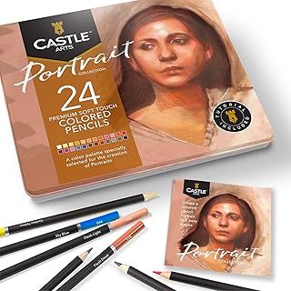Castle Arts Themed 24 Coloured Pencil Set in Tin Box, perfect colours for ‘Portraits’. Featuring, smooth coloured cores, blending & layering - Ideal for Drawing, Sketching and Colouring