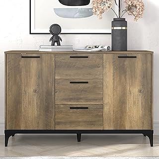 Galano Lawrence 2 Door 3 Drawer Sideboard – Storage Cabinet with Adjustable Shelves – Modern Buffet Unit for Home, Kitchen, or Living Room (Knotty Oak)
