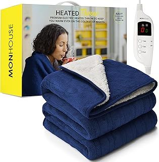 Heated Throw - Electric Blanket - Digital Controller - Timer up to 9 hours, 9 Heat Settings, Auto Shutoff - Machine Washable - Single 130X160cm - NAVY SHEARLING