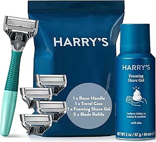 Harry's Razors for Men - Men's Razor Set with Tropical Green Handle, 5 Razor Blade Refills, Travel Blade Cover, 60ml Shave Gel