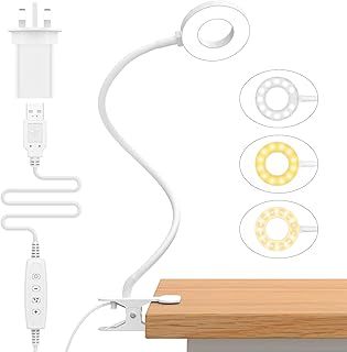 iZELL LED Desk Lamp【3 Color Modes & 10 Brightness】Eye Caring Clip on Clamp Light with 40cm Flexible Gooseneck, Book Ring Light with Plug for Home Office, Kids, Reading, Clip on Table, Headboard-White