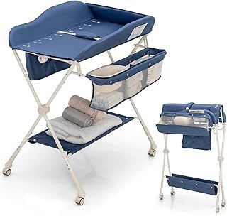 COSTWAY Folding Baby Changing Table, Adjustable Infant Care Station with Water Basin, Storage Shelf, 4 Wheels Newborn Massage Tables Diaper Organizer (Blue)
