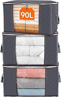 Lifewit 90L Clothes Storage Bags Large Storage Box With Lid Packing Boxes for Moving House With Reinforced Handle Thick Fabric Clear Window for Clothes Duvet Blankets Bedding, 3 Pack, Grey
