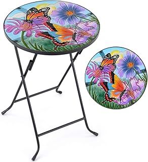 CHRISTOW Bistro Table Glass Top Round Folding Garden Patio Decoration Plant Stand (Painted Butterfly)