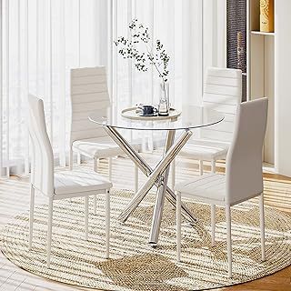 Dining Table and Chairs Set of 4, High Back PU Leather Chair with Glass Chrome Leg Table,White