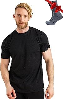 Merino Wool T Shirt Mens - 100% Organic Merino Wool Base Layer Men Undershirt Lightweight + Hiking Socks