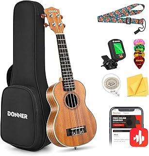 Donner Soprano Ukulele Beginner Kit 21 inch Ukulele Starter Set Mahogany Wood Adult with Free Online Lesson Nylon String Ukulele Hawaii Guitar Pack DUS-200