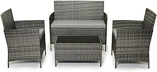 EVRE Grey Rattan Garden Furniture Set Patio Conservatory Balcony Indoor Outdoor 4 Seater Piece Glass Top Coffee Table Modular Sofa Loveseat with Cushions
