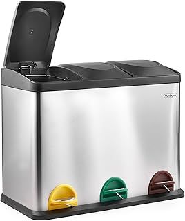 VonHaus Kitchen Bin, 45L Double Recycling Bin for Kitchen, Stainless Steel Two Section Food Waste Separation System with Non-Slip Base & Removable Inner-Compartments, Airtight Trash Can, 3 x 15L