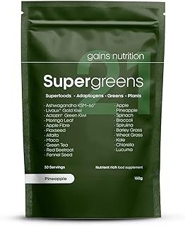 GN Super Greens 21 Powder | 150g Greens Powder with KSM-66 Ashwagandha, Actazin & Livaux Golden Kiwi, Alfalfa & More | Superfood-Powder - Pineapple Flavour Supergreens-Powder | Made in The UK