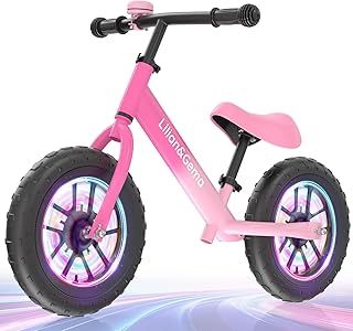 Lilian&Gema No Pedal Kids' Balance Bikes, Carbon Steel Frame Toddler Balance Bike, Colorful Lighting Kids Balance Bike Suitable for Children Aged 2-5, with Adjustable Handlebars & Seat, 12-Inch Wheels