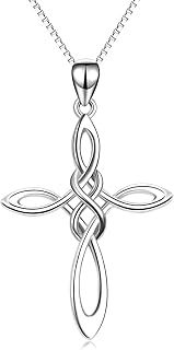 YAFEINI Cross Celtic Knot Necklace Sterling Silver Religious Infinity Love Cross Pendant Necklace Jewellery for Women Girls,18 inchs