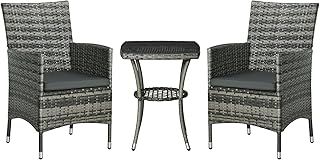 Outsunny 3 Pieces Rattan Bistro Set, Wicker Garden Furniture Set with 2-Tier Coffee Table and Chairs, Washable Cushions, for Outdoor Patio Balcony, Mixed Grey