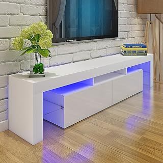 Panana 78inch TV Stand Television Stands TV Console Unit Two Glass Shelves Two Drawers Sideboard Storage 16 Colors RGB LED Lighted TV Cabinet for 65 70 75 80 inch TV (White)