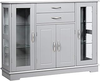 COSTWAY Buffet Sideboard, Wooden Storage Cabinet with Adjustable Shelves and 2 Glass Doors, Server Pantry Cupboard for Kitchen Living Dining Room (Grey)