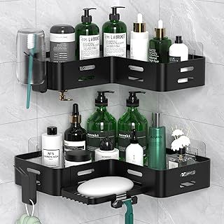Corner Shower Caddy, Shower Shelf No Drilling, Bathroom Storage with Razor Holder for Shower and 2 Hooks, Shower Organiser(Black)