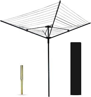 Ram® 4 Arm Rotary Washing Line Garden 45M Metres Folding Clothes Washing Line Airer Rotary Line With Spike And Cover 45M
