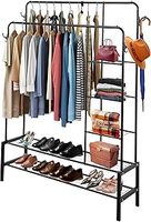 Home Treats Heavy Duty Clothes Rail, Strong and Sturdy, 130KG Metal Black Rack with Double Hanging Shoe Rack Clothes, Storage Shelves and 4 Hooks, Freestanding Rails For All Offices, Shop, Bedroom
