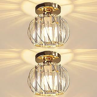 Chandelier Crystals Ceiling Lighting Fixtures, 2 Pack Semi Flush Mount Ceiling Light for Kitchen Hallway Dining Rooms Living Rooms Bar (Gold)