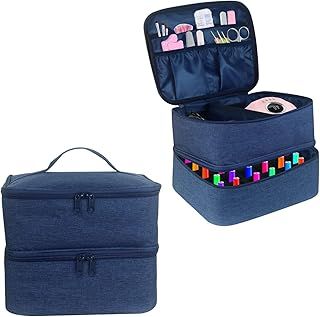 Nail Polish Carrying Case, Double-Layer Nail Polish Storage Bag- Fits Nail Dryer Lamp and 30 Bottles(15ml/0.5 fl.oz), Nail Polish Organizer Bag with Adjustable Dividers for Manicure Set (Blue)