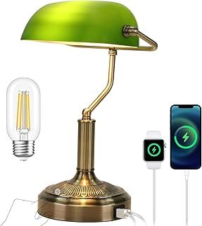 Bankers Lamp with USB & Type C Charging Ports, Touch Control Green Glass Desk Lamp, 3-Way Dimmable Vintage Table Lamps for Home Office, Library, LED Bulb Included (Touch Switch)
